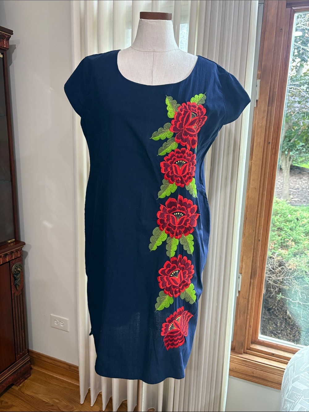 Navy bright red green Floral Embroidered Shift Dress cap sleeve zip back large
